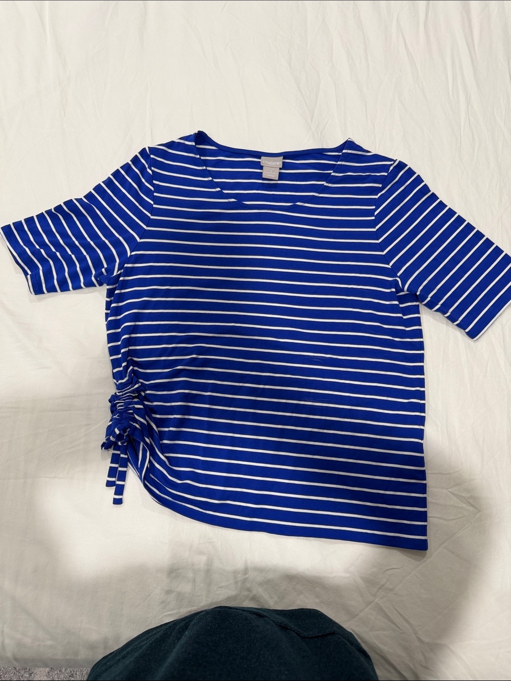 Chico's Blue and White Striped Side-Tie Short Sleeve Top